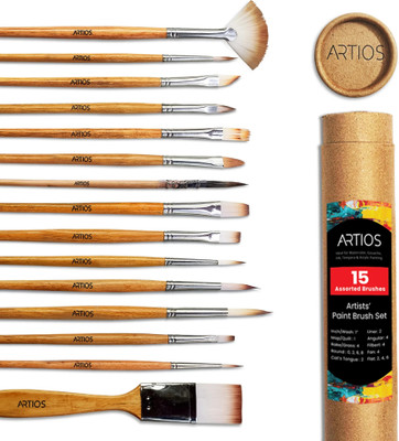 ARTIOS Assorted Paint Brush Set -Handmade Professional Artist Brushes with Brush Holder(Set of 15, Wooden)