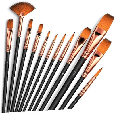 Eclet Craft Painting Brushes Set of 12 Professional Round Pointed Tip Nylon Hair-Uv(Set of 12, Black, Golden)