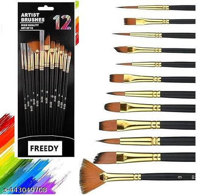 Freedy Craft Painting Brushes Set of 12 Professional Round Pointed Tip Nylon Hair /U7(Set of 12, Black, golden)