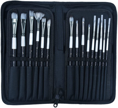 FRKB 15 Pcs Mix Black Paintbrushes with Pop-up Carry Case(Black)