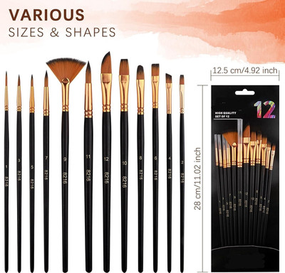 Freedy Craft Painting Brushes Set of 12 Professional Round Pointed Tip Nylon Hair(Set of 12, Black, golden)