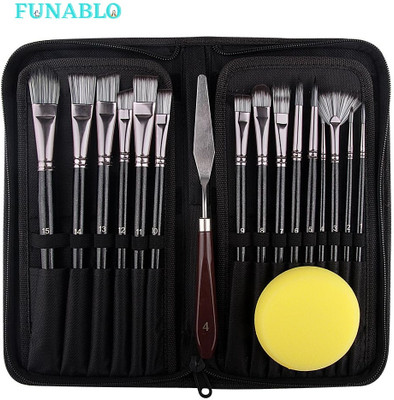 FUNABLO Set for Painting Brush, Artist Painting Set of 15 with 1 Palette and 1 Sponge(Black)