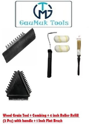 GAUMUK TOOLS complete Kit wood Grain tool combing flat brush 4 inch refill for wall painting Paint Roller(Pack of 6)