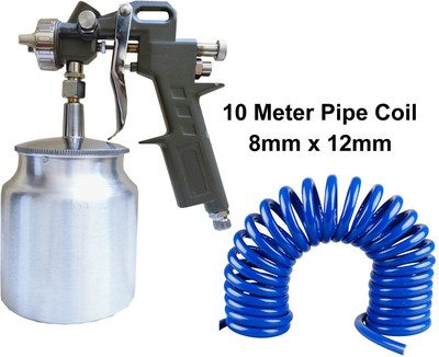 Air-ga W71 Feed Suction Air Paint Spray gun 1.5 mm Nozzle & Kit with 10 Meter Pipe Coiled 8mm x 12mm HVLP Sprayer(Silver)