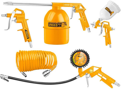INGCO AKT0053-3 Air Tools 5Pcs Set - 4m Recoil Hose, 600cc Air Spray Gun AKT0053-3 Air Tools 5Pcs Set - 4m Recoil Hose, 600cc Air Spray Gun Air Assisted Sprayer(Yellow)