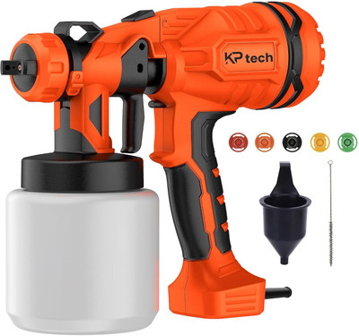 KP TECH Paint Sprayer 450W 800 ML Tank Electric Paint Spray Gun with 1000ML/Min FlowRate 3 Spray Pattern with 5Pcs Differnet Size Nozzles, 1Pcs Measuring Cup, 1Pcs Brush HVLP Sprayer(Orange, Black)