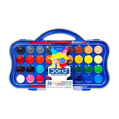 DOMS Non-Toxic 23mm Water Colour Cake Set with 2 Paint Brushes (36 Assorted Shades)(Set of 1, Multicolor)