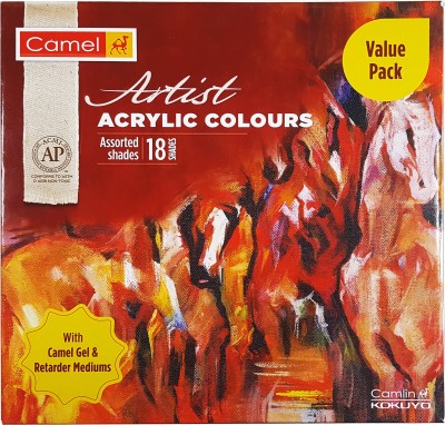 Camel Artist Acrylic Colours - 18 Shades with Gel Medium and Retarder(Set of 18, Multicolor)