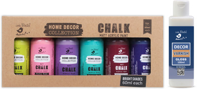 LITTLE BIRDIE Home Decor Chalk Paint Kit 6Pcs X 60Ml Brights and Decor Varnish Gloss 100ml(Set of 6, Multicolor)