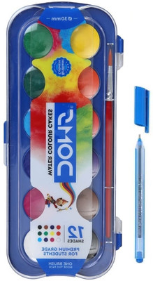DOMS 12 Shades Water Color Cakes 28mm With Brush and Blue Pen Pen(Set of 1, Multicolo)