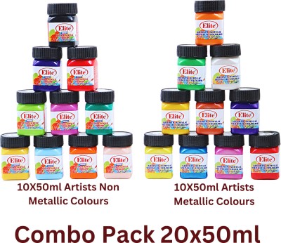 Elite Artists Acrylic Colour Sets| Non Metallic 10X50ml + Metallic 10X50ml|Combo Pack,(Set of 20, Multicolor)