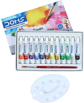 DOMS Water Colour Tube Set (12 Assorted Shades1 Paint Brush & 1 Palette)(Set of 12, Red, Black, Green, White)