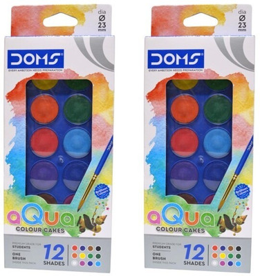 DOMS AQUA COLOUR CAKE | 12 shades | 23mm | 1 Brush in box | pack of 2(Set of 2, Multicolor)