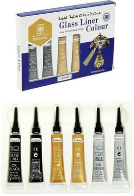 ARTISTERY Glass Liner Colors 3D Glass Color 12ml x 6 Tubes(Set of 6, Gold, Silver And Black Each 2Pcs tubes)