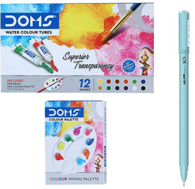 DOMS Non-Toxic Water Colour Tube Set in Cardboard Box 12 Assorted Shades With XO Pen(Set of 12, Multicolor)