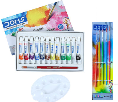 DOMS Water Colors Tube 12 Color Brush Inside with 5 Brush Round Colormate(Set of 1, Multicolor)