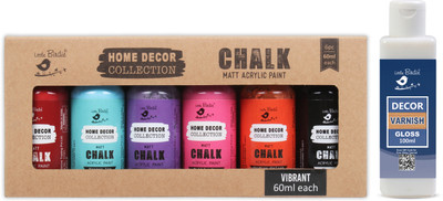 LITTLE BIRDIE Home Decor Chalk Paint Kit Vibrant 6Pcs X 60Ml and Decor Varnish Gloss 100ml(Set of 6, Multicolor)