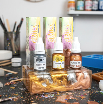 irika Pack of 3 Metallic Alcohol Inks for Resin Art (10ml ) Silver , Rose Gold , Gold(Set of 1, METAL)