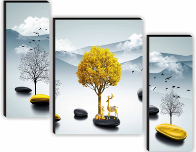 saf Yellow Tree and Deer Wall Art | Minimalist Nature-Inspired Artwork Digital Reprint 12 inch x 20 inch Painting(With Frame, Pack of 3)