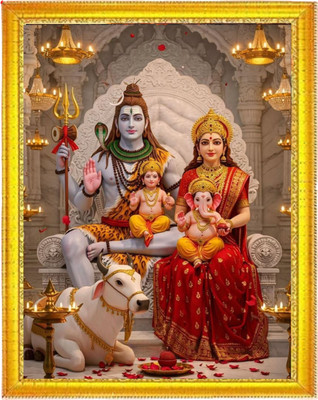 DEKOVA Shiv Parivar Photo Frame | Lord Shiva, Parvati, Ganesh & Kartikeya Wall Art Digital Reprint 12 inch x 8 inch Painting(With Frame)
