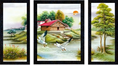 Poster N Frames Landscape Scenery Set of 3 with Acrylic Sheet (Glass) painting-1284 Digital Reprint 13.5 inch x 10.5 inch Painting(With Frame, Pack of 3)