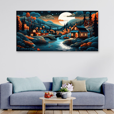 Dekorstation Abstract Painting of A Village in Forest with a River Canvas Wall Painting Canvas 24 inch x 48 inch Painting(With Frame)