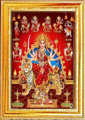 Karuna Enterprises Durga Mata Devi Goddess Sherawali Ji Ambe Wall Painting Home Decor Wood A4 Digital Reprint 12 inch x 8 inch Painting(With Frame)