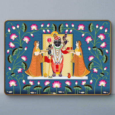 saf Shrinath ji Pichwai Sparkle Lamination Finished Surface Golden Slim Frame Digital Reprint 19.5 inch x 13.5 inch Painting(With Frame)