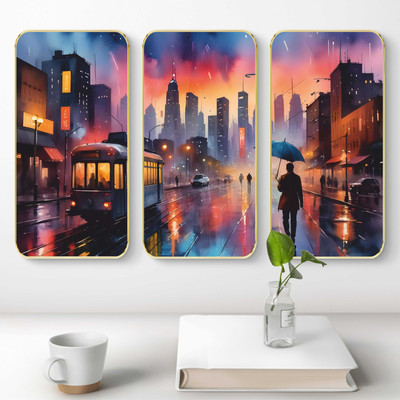 Aartify Set of 3 Modern City Rain Street Art | Golden Frame Colorful Urban Nightscape Digital Reprint 20 inch x 30 inch Painting(With Frame, Pack of 3)