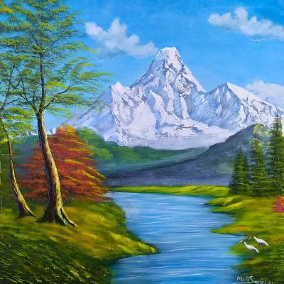 MDK ART GALLERY Nature Landscape Painting , Acrylic On Canvas Handmade Original Artwork By MDK Natural Colors 14 inch x 14 inch Painting(Without Frame)