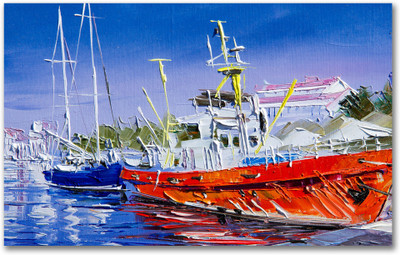 Anweshas Rolled Canvas Painting Without Frame for Home & Office - Ship Boat Harbor Canvas 20 inch x 32 inch Painting(Without Frame)