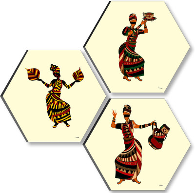 saf Set of 3 African Tribal Woman Hexagon MDF Wall Painting | UV Textured Ethnic Digital Reprint 17 inch x 17 inch Painting(Without Frame, Pack of 3)