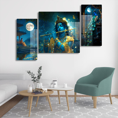 Five Kraft Premium Krishna Love Acrylic Set of 3 Glossy Wall Art Painting for Home Decor Acrylic 24 inch x 48 inch Painting(Without Frame)