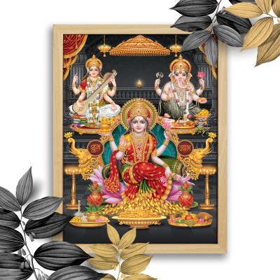 GoArt Lord Mahalakshmi Ganesh ji Wall Frame Poster with Frame wall hanging Art-45 Digital Reprint 14 inch x 11 inch Painting(With Frame)