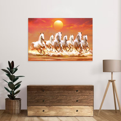 Masstone Vastu Lucky Seven Running Horses Sparkle Laminated Self Adhesive Rolled Digital Reprint 24 inch x 36 inch Painting(Without Frame)