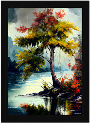 FRIZZY ARTS Watercolor Serenity – Lone Tree by the Lake in Autumn Tones A4 Digital Reprint 13 inch x 10 inch Painting(With Frame)