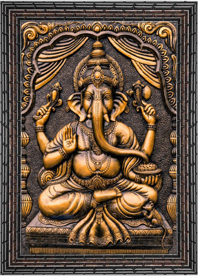 Indianara Lord Ganesha Without Glass Framed Art Print for Room Decor Digital Reprint 13 inch x 10 inch Painting(With Frame)
