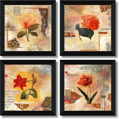 saf SET OF 4 FLORAL Digital Reprint 19 inch x 19 inch Painting(With Frame, Pack of 4)
