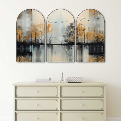 Aartify Modern Abstract Forest Lake Wall Decor 3 Panel Set | Golden Tree & Birds Digital Reprint 30 inch x 20 inch Painting(With Frame, Pack of 3)
