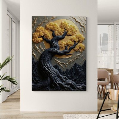 Artfluence golden kalpavriksha abstract painting for wall decoration, home decor big size 3D Painting 16.5 inch x 11.7 inch Painting(With Frame)