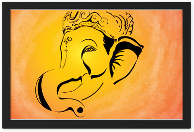 Ritwika's Lord Ganesha Yellow Sketch Colored Framed Painting Digital Reprint 13.5 inch x 13.5 inch Painting(With Frame)