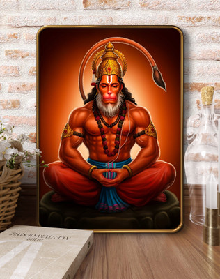 saf Hanuman Ji Sparkle Lamination Finished Surface Golden Slim Frame Digital Reprint 19.5 inch x 13.5 inch Painting(With Frame)