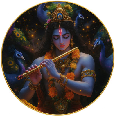 bareth brothers “Divine Krishna Flute Resin Wall Frame – 12 inch Round” Digital Reprint 12 inch x 12 inch Painting(With Frame)