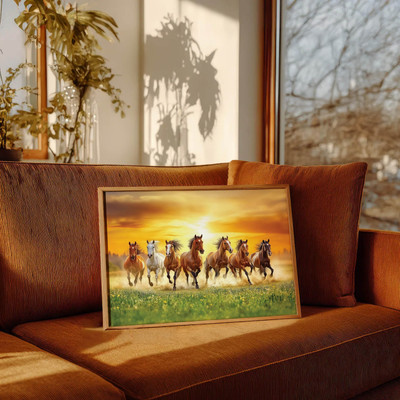 DECO THE HOME 7 Running Horses Vastu Art Frame | Positive Energy & Good Luck Wall Decor Digital Reprint 12 inch x 9 inch Painting(With Frame)