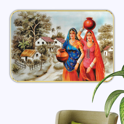 saf Rajsthani Village Sparkle Lamination Finished Surface Golden Slim Frame Digital Reprint 14 inch x 20 inch Painting(With Frame)