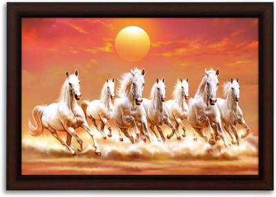 Masstone Lucky Seven Running Horses UV Textured Effect Framed HD Digital Reprint 14 inch x 20 inch Painting(With Frame)