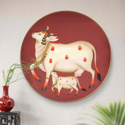 saf Large Round Pichwai Cow Wall Painting with golden frame Vinyl Sparkle laminated Digital Reprint 16 inch x 16 inch Painting(With Frame)