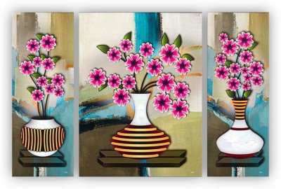 Khatu Crafts Brown Vase Pink Flowers Digital Reprint 12 inch x 18 inch Painting(Without Frame, Pack of 3)