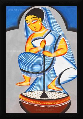 Braj Art Gallery Woman Churning Butter Kalighat Painting Photo Frame Digital Reprint 19.5 inch x 13.5 inch Painting(With Frame)
