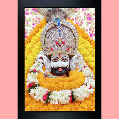 DekorVia Khatu Shyam Ji Photo Frame Divine Wall & Temple Decor | Golden Floral Background Digital Reprint 12 inch x 9 inch Painting(With Frame)